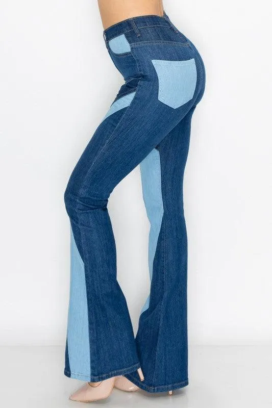 HIGH RISE MULTI PANEL MULTI TONE FLARE JEANS