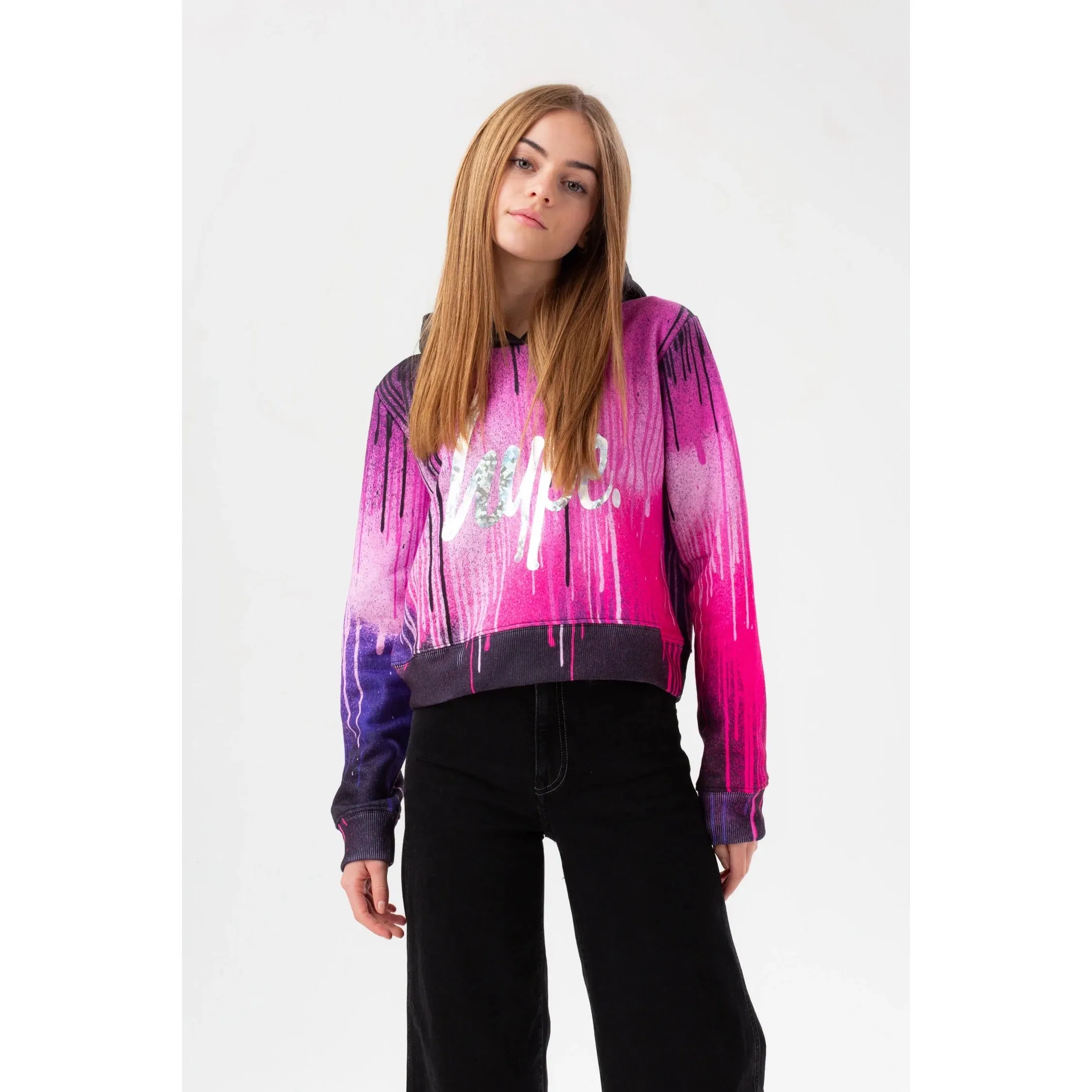 Hype Dark Pink Drips Cropped Hoodie Yvlr548