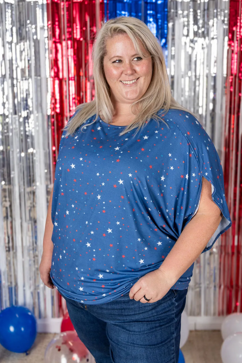 IN PRODUCTION Darcy Dolman Top - Blue Liberty Stars
