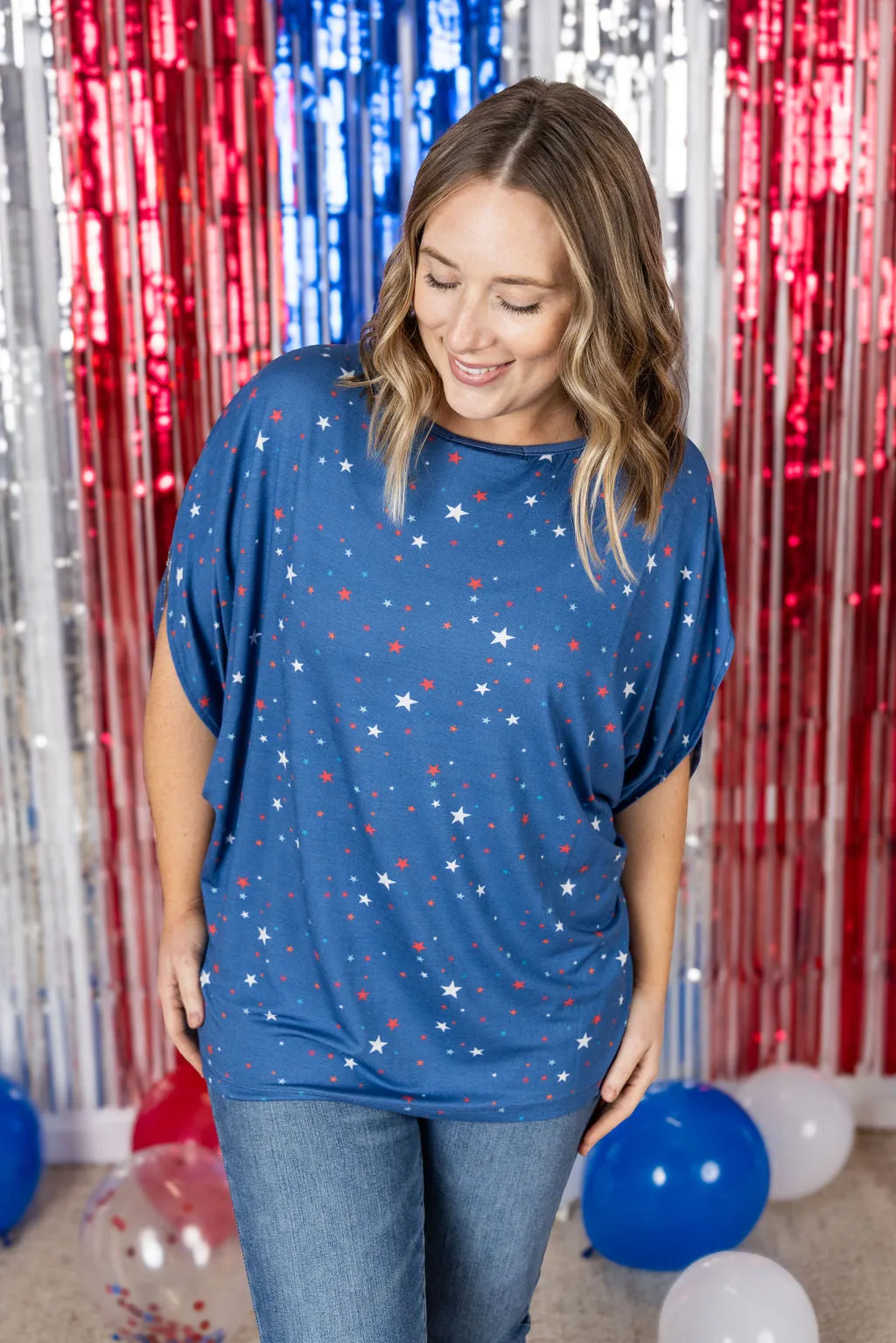 IN PRODUCTION Darcy Dolman Top - Blue Liberty Stars