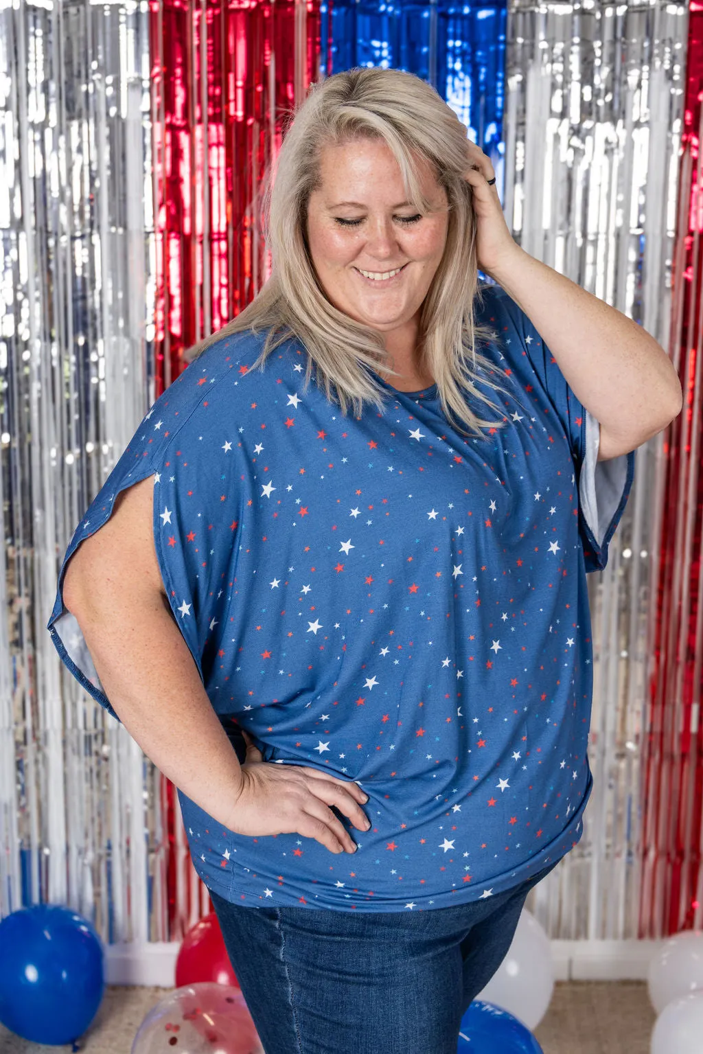 IN PRODUCTION Darcy Dolman Top - Blue Liberty Stars