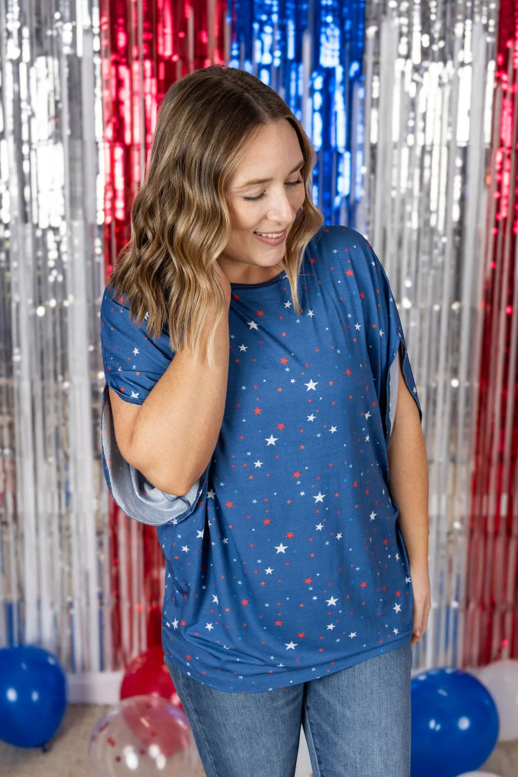 IN PRODUCTION Darcy Dolman Top - Blue Liberty Stars