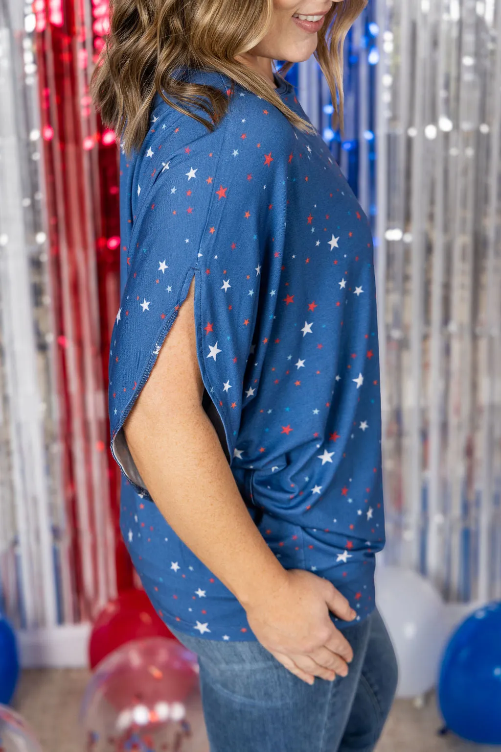 IN PRODUCTION Darcy Dolman Top - Blue Liberty Stars