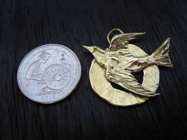 Inspirational Artisan Flying Dove & Bird Pendant in Gold Bronze (one)