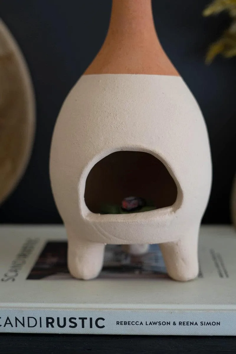 Ivory-dipped Tabletop Clay Chiminea Incense Burner