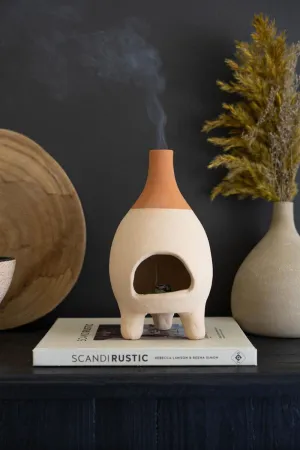 Ivory-dipped Tabletop Clay Chiminea Incense Burner