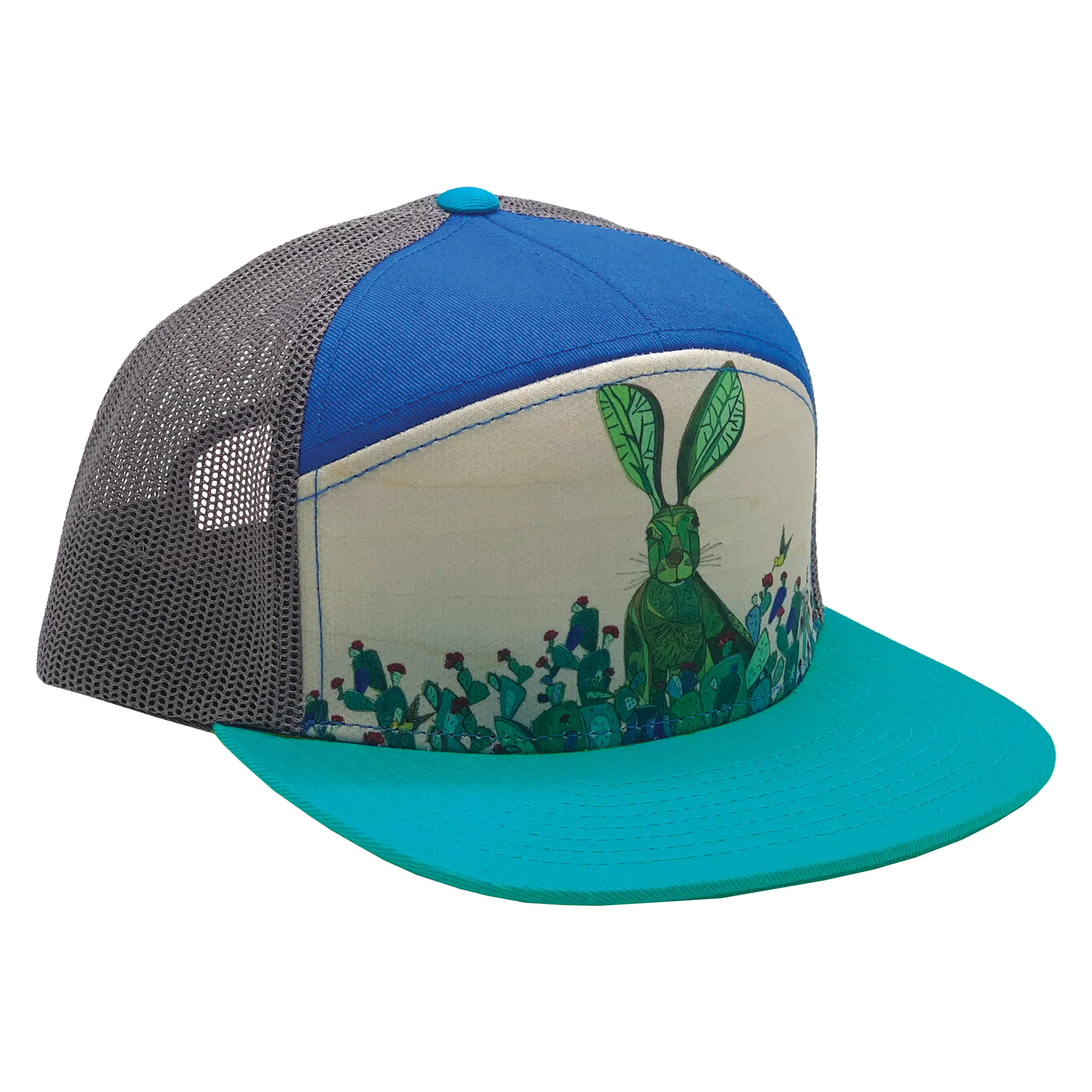 Jackrabbit   Cacti | YOUTH | 7 Panel Hat | Aqua, Royal, and 100% Recycled Grey Mesh