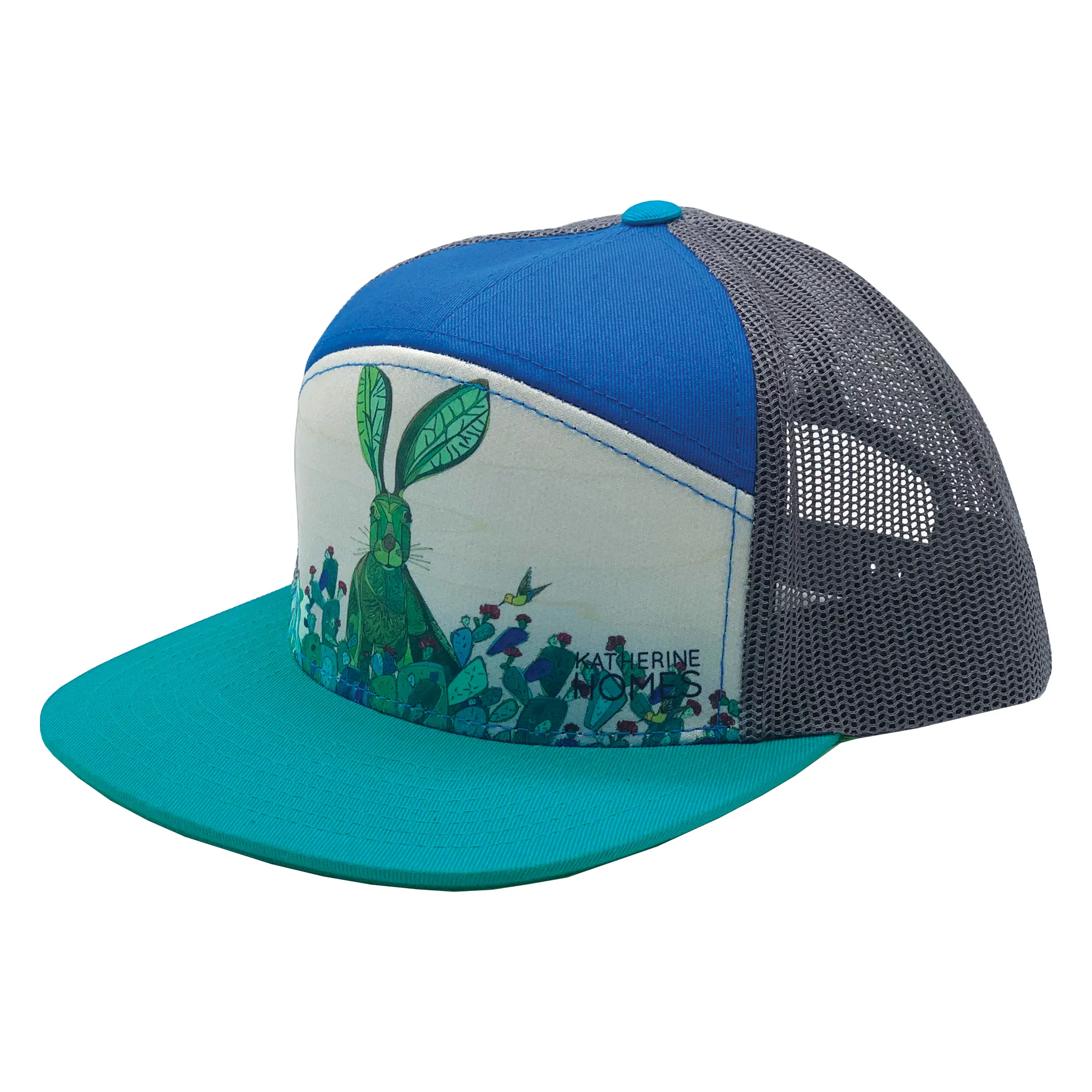 Jackrabbit   Cacti | YOUTH | 7 Panel Hat | Aqua, Royal, and 100% Recycled Grey Mesh