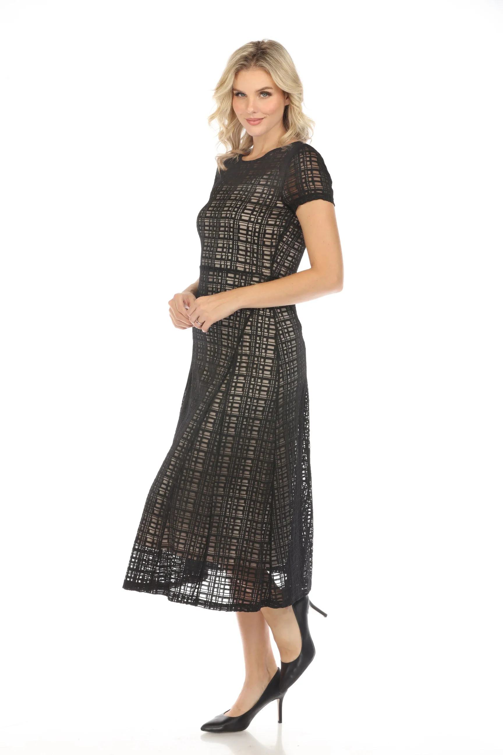 Johnny Was Jade Black Plaid Solia Paneled Mesh Midi Dress Boho Chic L32924-6