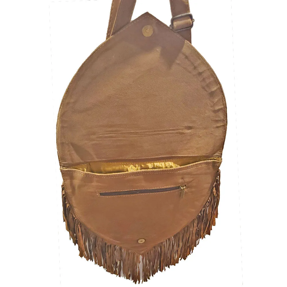 Kashida Embroidery of Bihar Suede Purse with Fringe Tassel Shoulder Bag