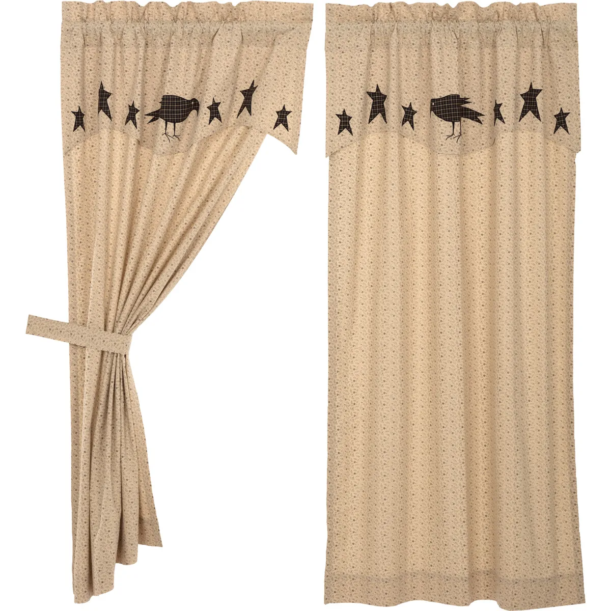 Kettle Grove Applique Crow and Star Short Panel Curtains 63"L