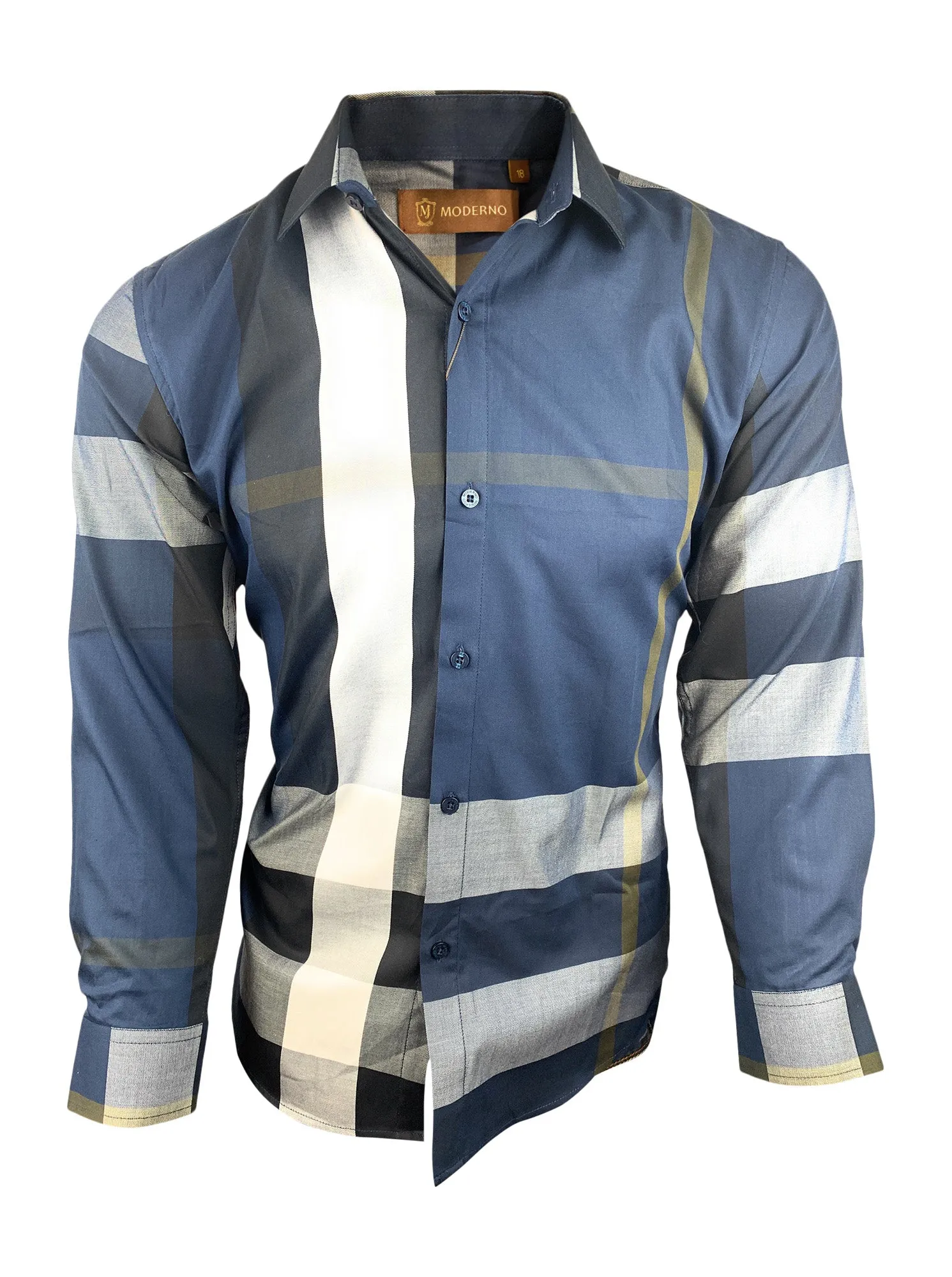 Kid's Long Sleeve Slim Fit Casual Navy Plaid Dress Shirt