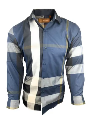 Kid's Long Sleeve Slim Fit Casual Navy Plaid Dress Shirt