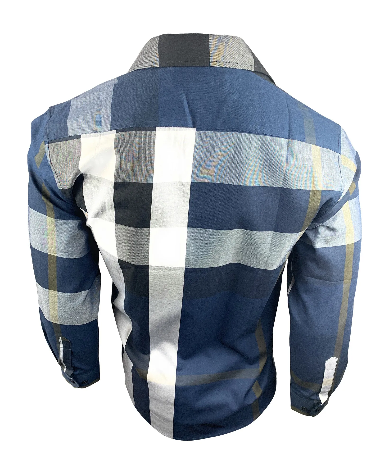 Kid's Long Sleeve Slim Fit Casual Navy Plaid Dress Shirt