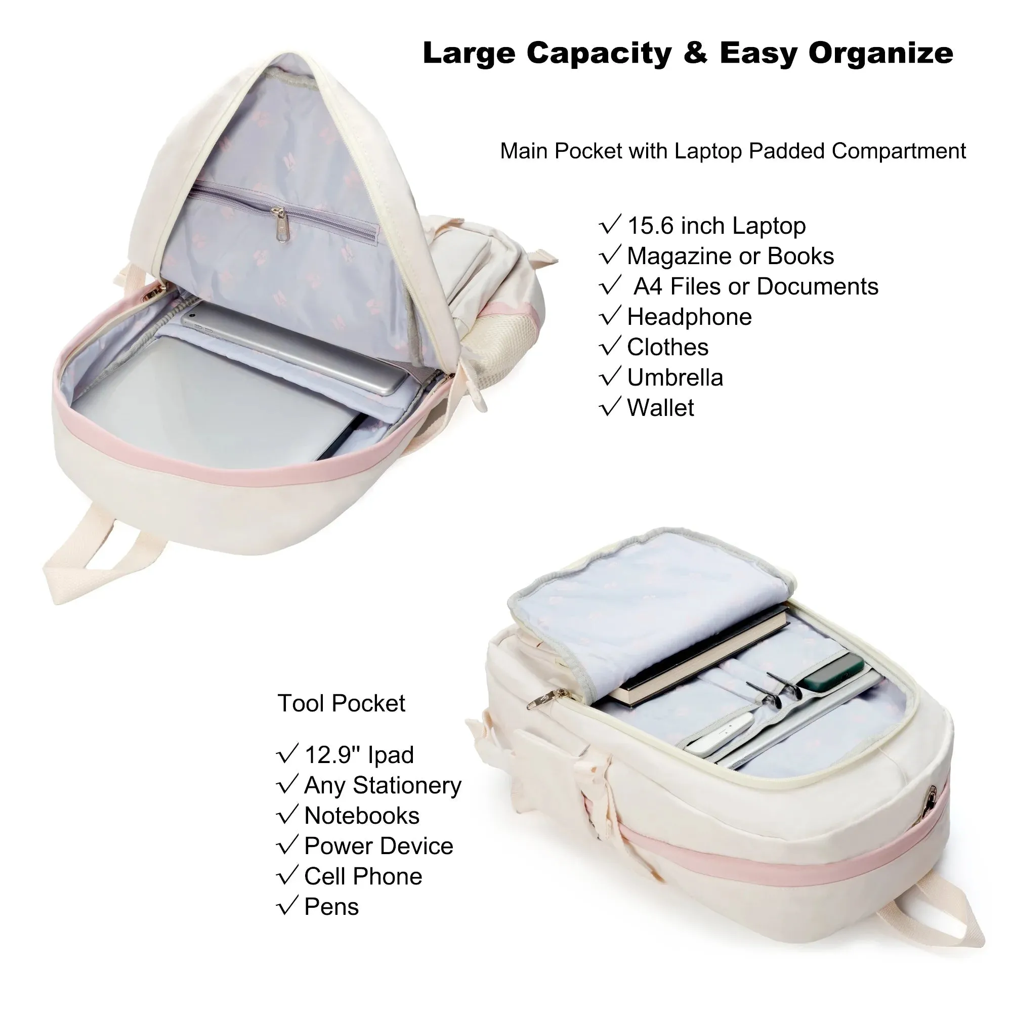 Laptop Backpacks 16 Inch College Backpack Large Travel Daypack （Off-White）