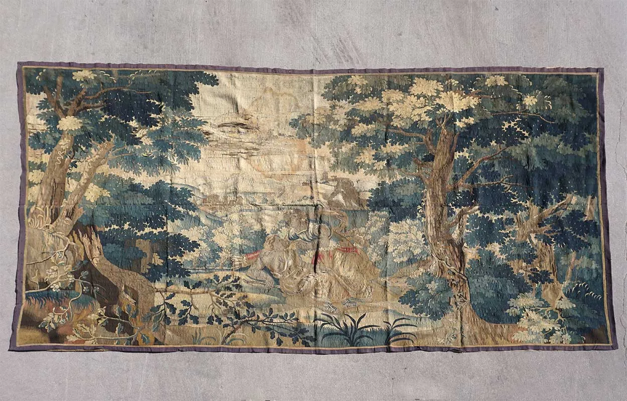 Large French/Belgian Baroque Verdure Tapestry Wall Hanging, Achilles Seducing Deidamia