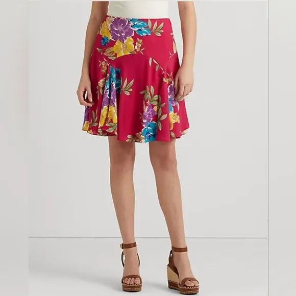 Lauren Ralph Lauren Floral Georgette Knee Length Skirt Fit &amp; Flare Pink Women 10