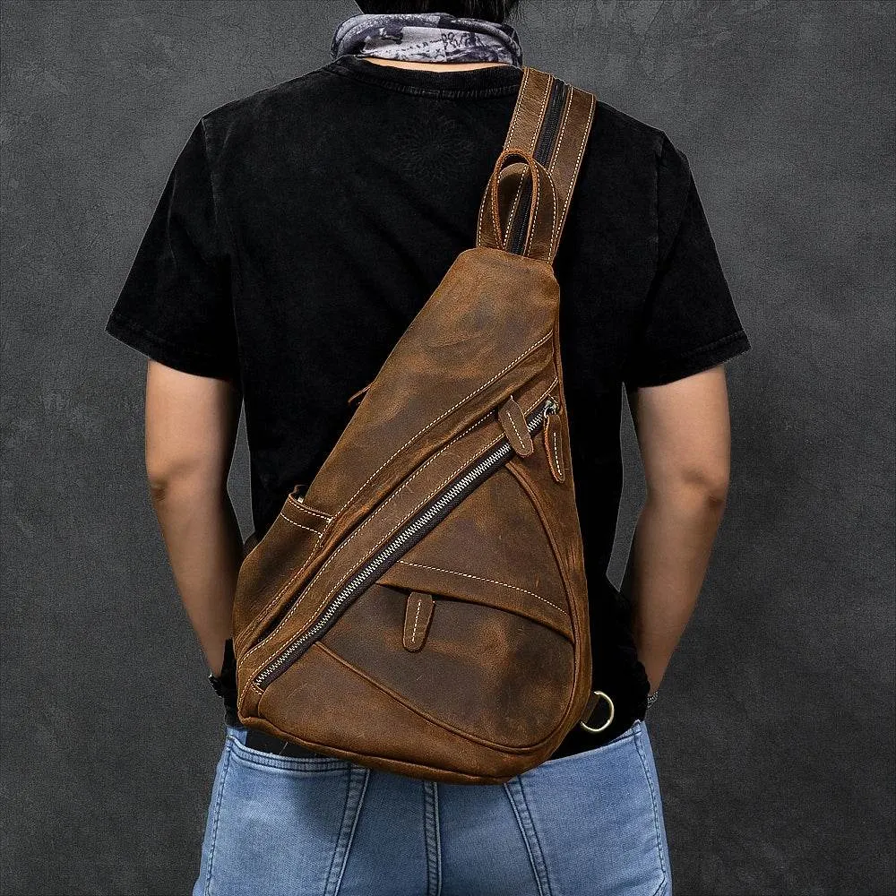 Leather Sling Bag for Biker Men Crossbody Chest Pack