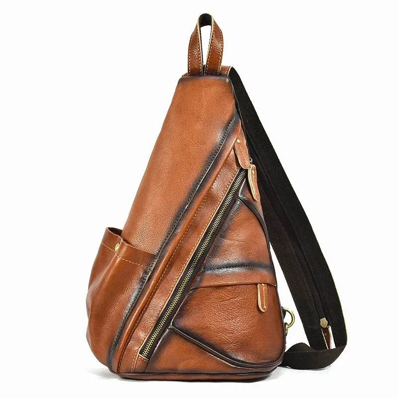 Leather Sling Bag for Biker Men Crossbody Chest Pack
