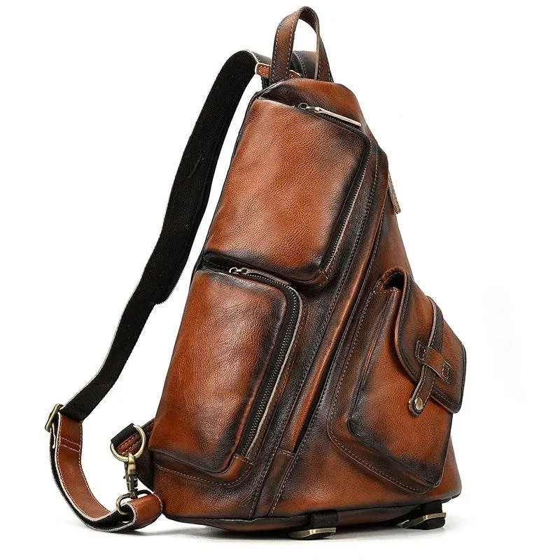 Leather Sling Bag for Biker Men Crossbody Chest Pack