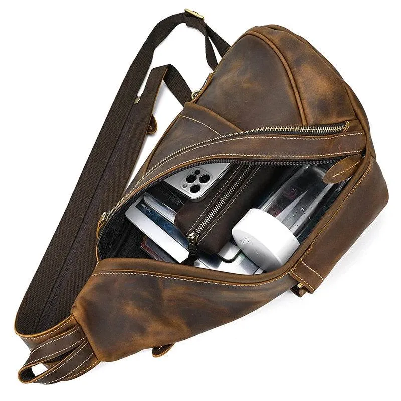 Leather Sling Bag for Biker Men Crossbody Chest Pack