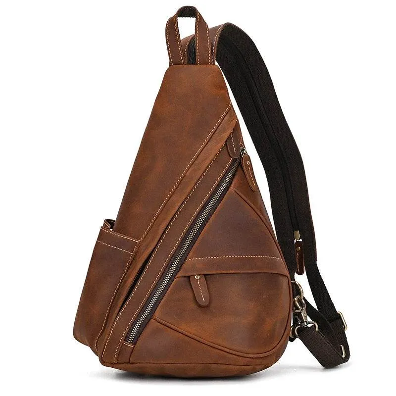 Leather Sling Bag for Biker Men Crossbody Chest Pack