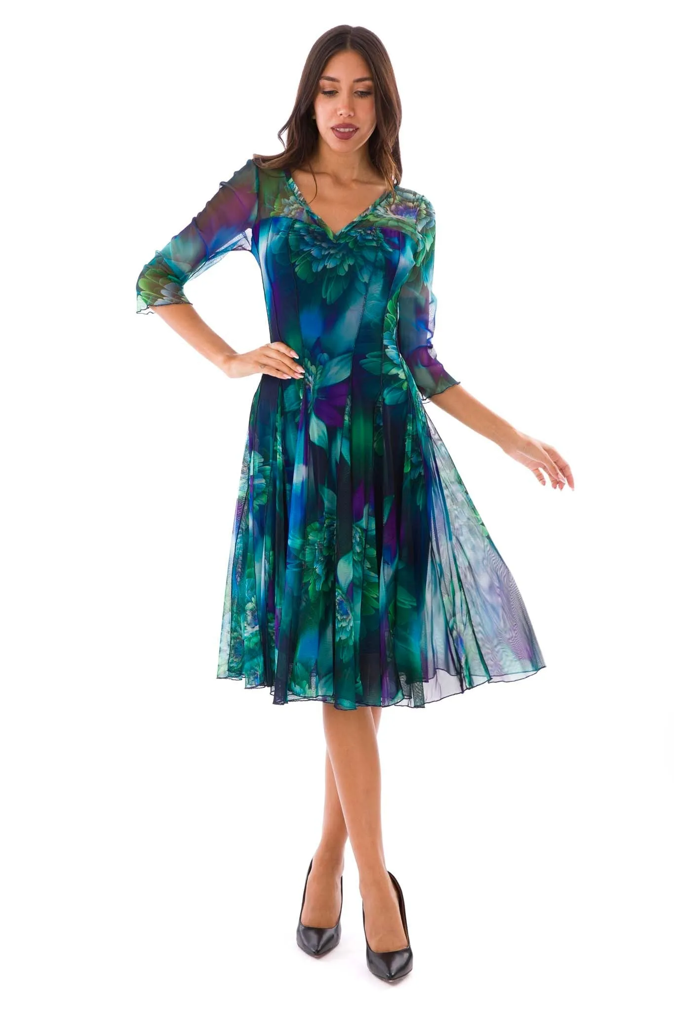 LILLIAN Fit and Flare 3/4 Sleeves Paneled Print Dress Kelly