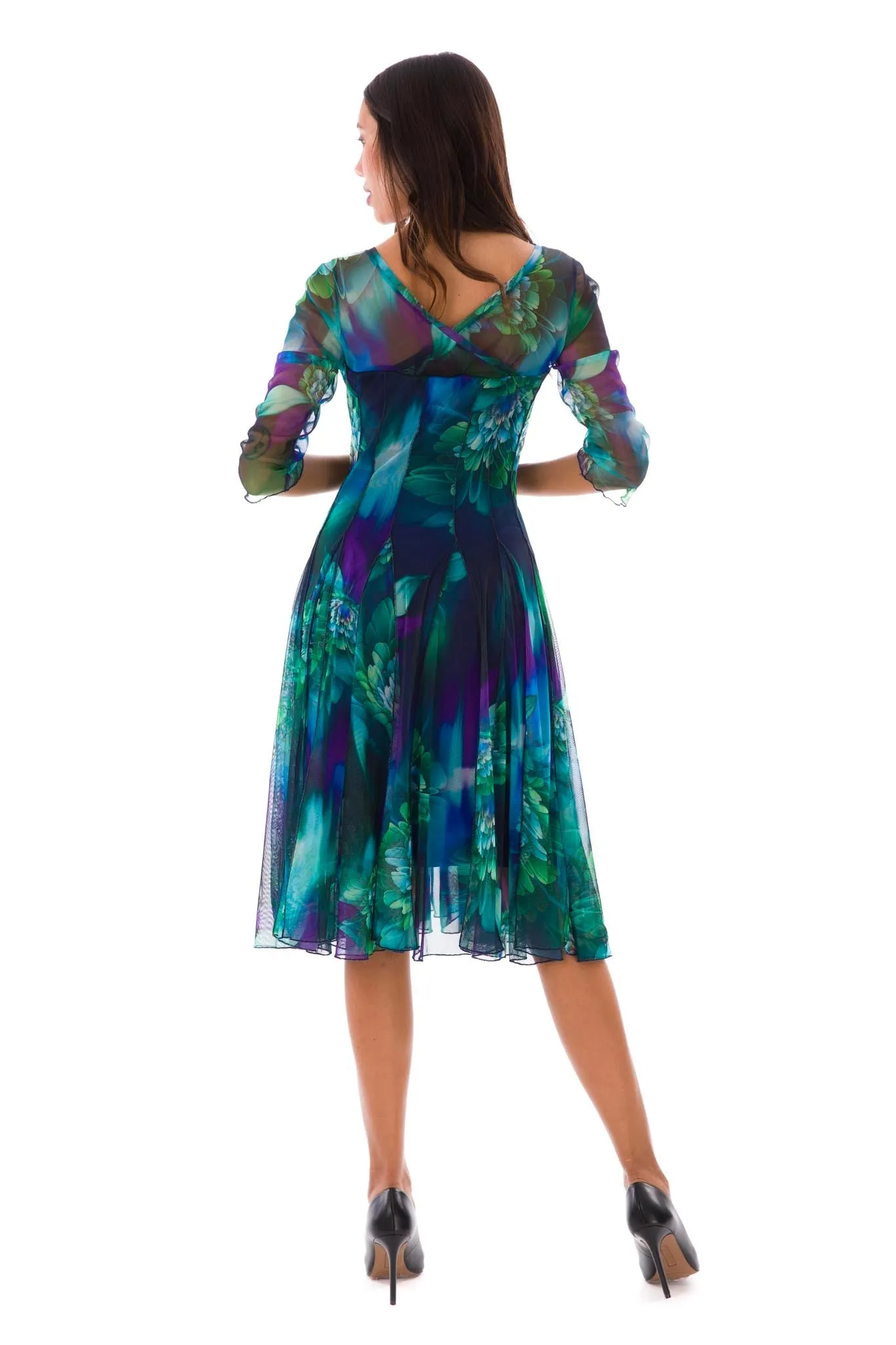 LILLIAN Fit and Flare 3/4 Sleeves Paneled Print Dress Kelly
