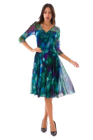 LILLIAN Fit and Flare 3/4 Sleeves Paneled Print Dress Kelly
