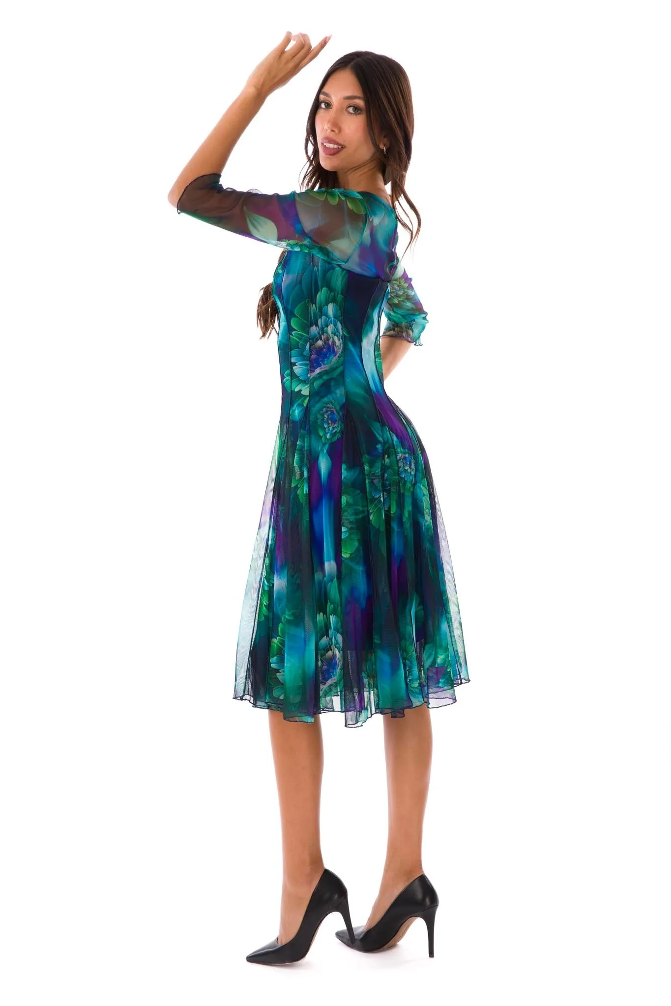 LILLIAN Fit and Flare 3/4 Sleeves Paneled Print Dress Kelly