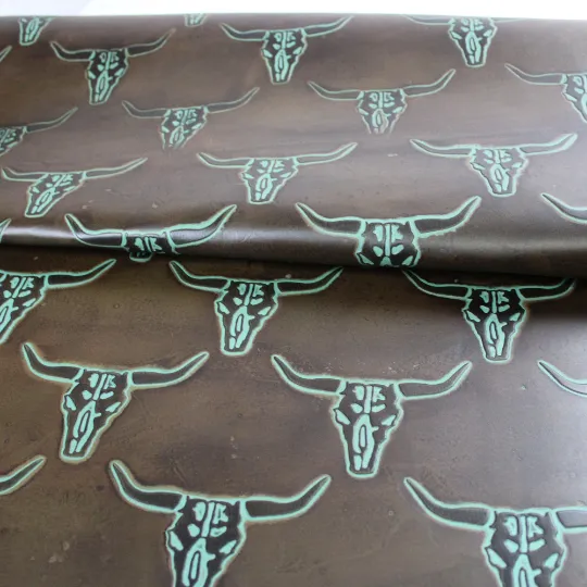 LONGHORN EMBOSSED LEATHER Brown Turquoise|  12"x12 12"x18", 12"x24" Precuts