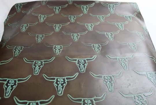 LONGHORN EMBOSSED LEATHER Brown Turquoise|  12"x12 12"x18", 12"x24" Precuts