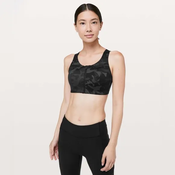 lululemon enlite front zip bra high support incognito camo multi grey size 32DD
