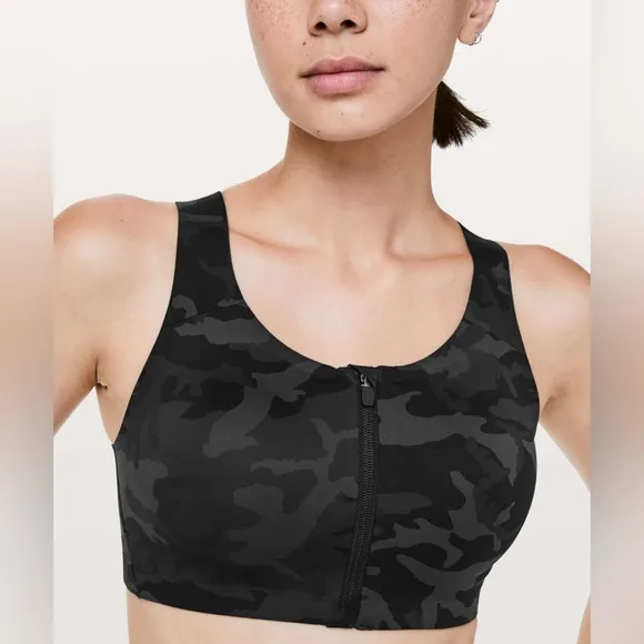 lululemon enlite front zip bra high support incognito camo multi grey size 32DD
