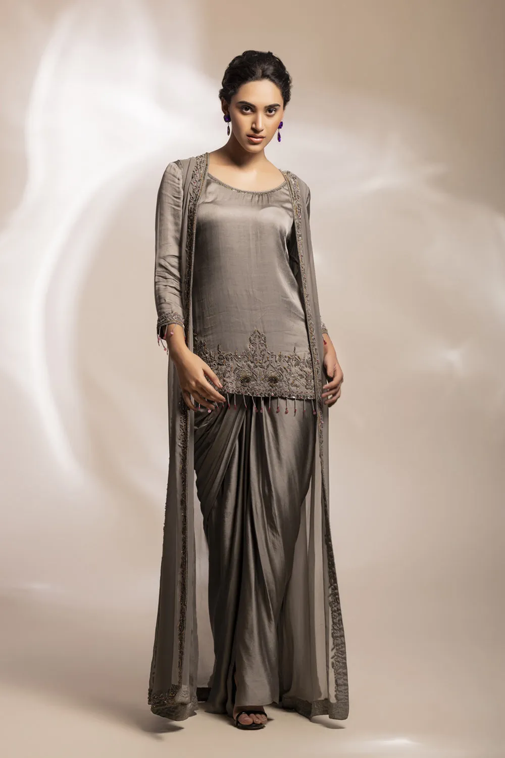 Lungi Drape With Antique Good Kurta With Embroidered Paneeked Long Jacket
