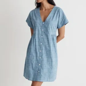 Madewell Button-Front V-Neck Mini Dress in Tranquil Lake