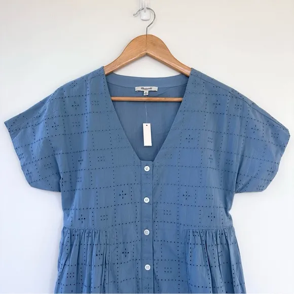 Madewell Button-Front V-Neck Mini Dress in Tranquil Lake