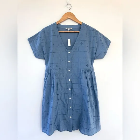 Madewell Button-Front V-Neck Mini Dress in Tranquil Lake