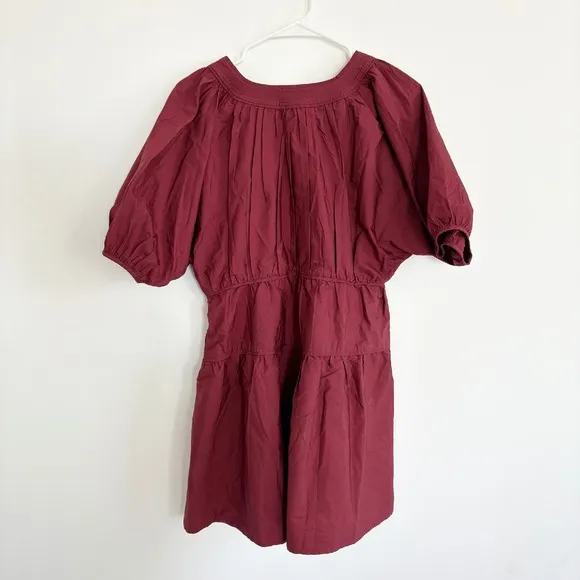 Madewell Mini Dress V-Neck Tiered Pockets Short Sleeve Casual Maroon Size S