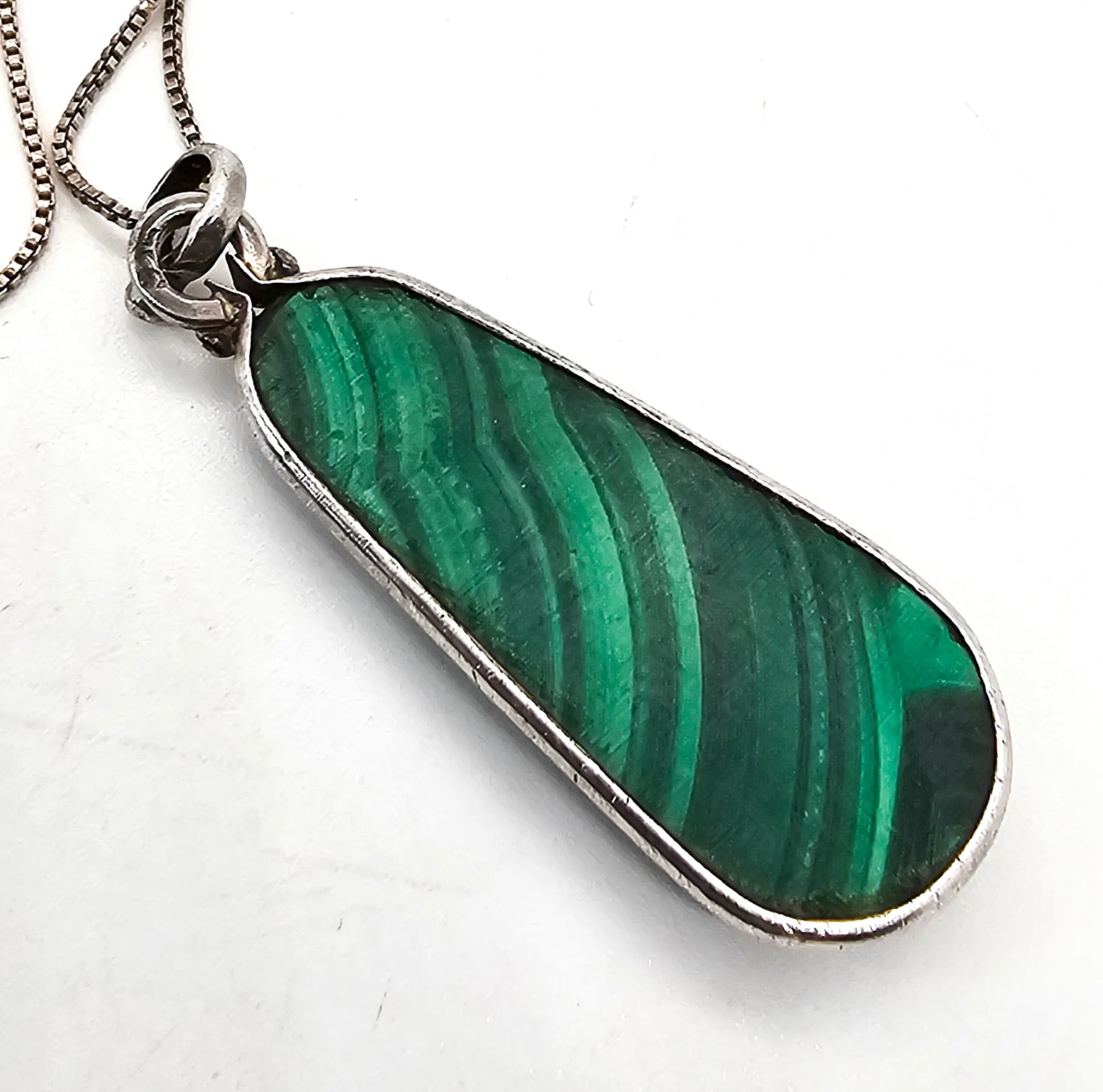 Malachite gemstone handcrafted artisan sterling silver vintage necklace