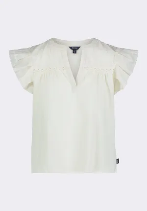 Mckaylie Women's Split Neck Flutter Sleeve Top with Embroidered Lace Details, Parchment - KT0210P