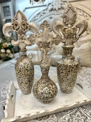 Michelle Butler Large Snow Leopard Bottles with Fleur de Lis