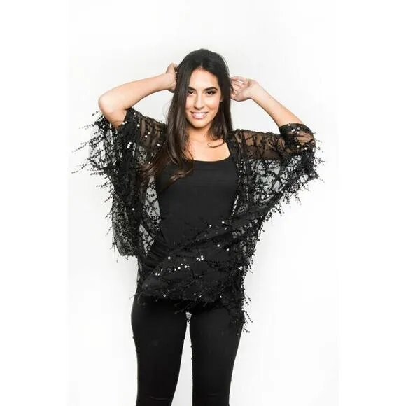 MICHELLE Sequins DUSTER Coverup One Size Fits Most BLACK Sparkle Shimmer Jacket