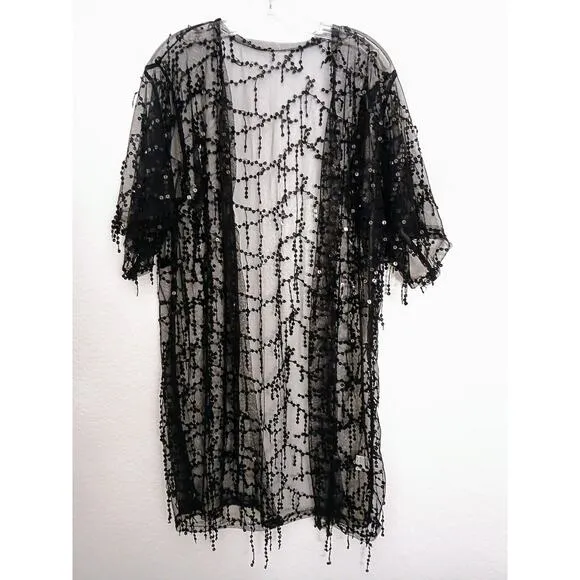 MICHELLE Sequins DUSTER Coverup One Size Fits Most BLACK Sparkle Shimmer Jacket