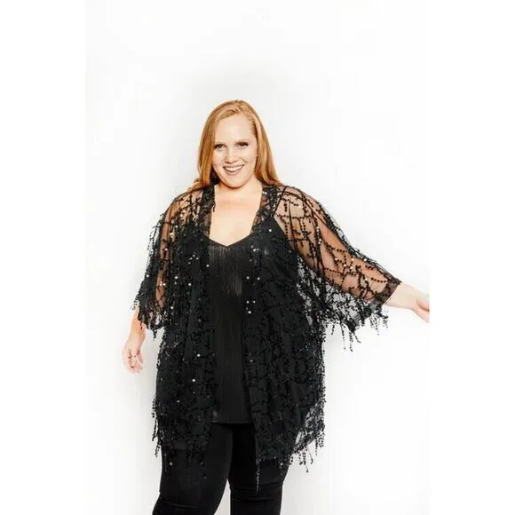 MICHELLE Sequins DUSTER Coverup One Size Fits Most BLACK Sparkle Shimmer Jacket