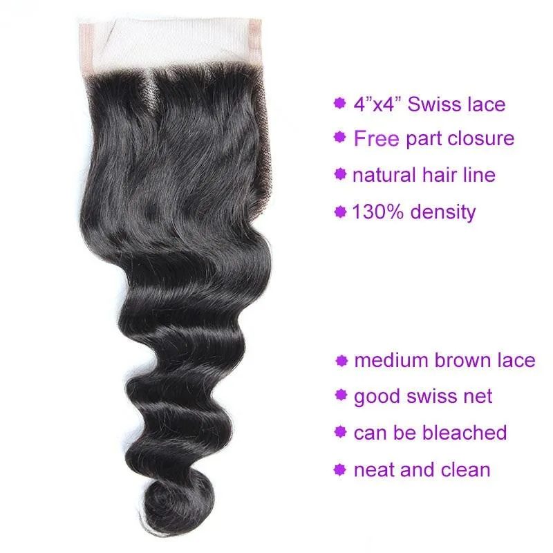 Modern Show Brazilian Loose Wave Virgin Human Hair 4 Bundles With 4x4 Lace Closure