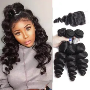 Modern Show Mink Brazilian Loose Wave Virgin Hair 3 Bundles With 4x4 Lace Closure 100% Human Hair