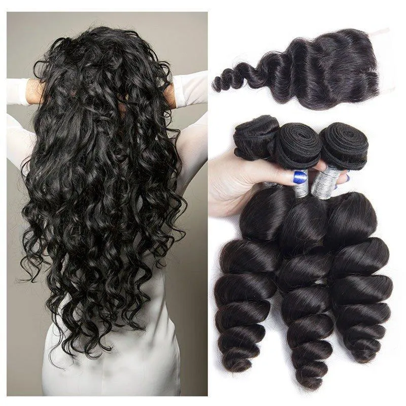 Modern Show Mink Brazilian Loose Wave Virgin Hair 3 Bundles With 4x4 Lace Closure 100% Human Hair
