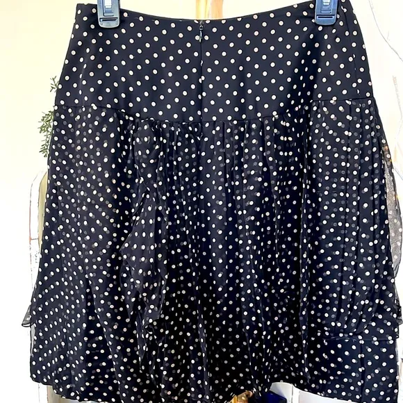 MORGAN LE FAY M 100% Silk.Ruffled layers of silk.Black/white polkadot, side zip.