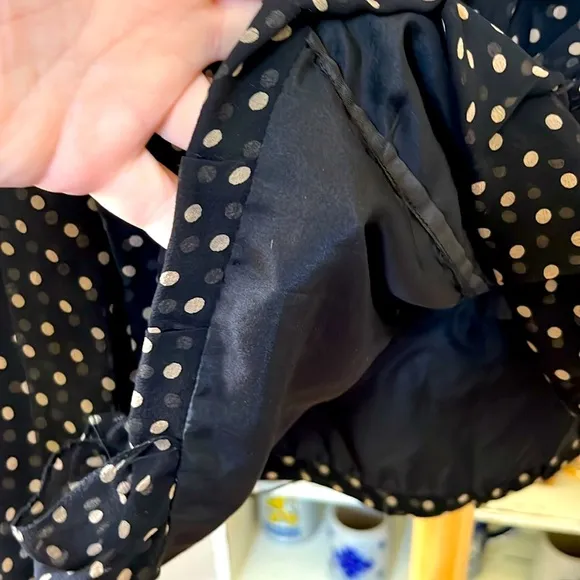 MORGAN LE FAY M 100% Silk.Ruffled layers of silk.Black/white polkadot, side zip.